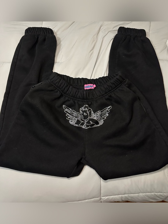 Edikted Pants - Women’s  Black Sweatpants with Rhinestone Angel Accent